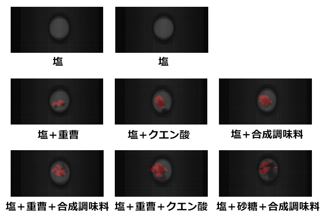 ハイパースペクトルカメラで撮影した1797nmバンド画像に対して gLupeで塩に購入した異物(砂糖、重曹、クエン酸、合成調味料)を検出した例