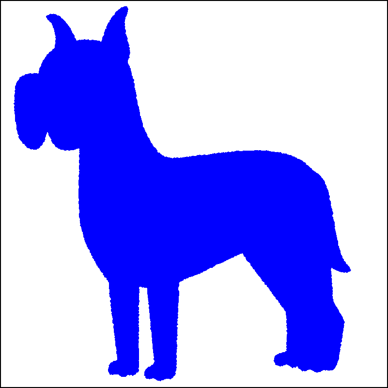 図2：「犬」に判別された画素を青で、「背景」に判別された画素を白で表示